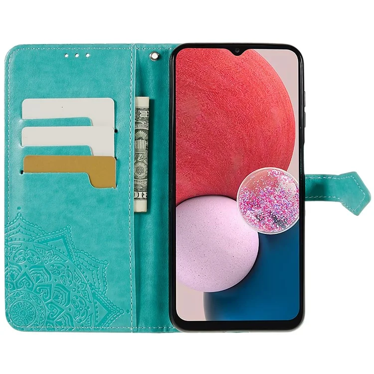 Mandala Embossed Phone Case for Samsung Galaxy A13 4G Anti-fall Stand Function Phone Cover Shell Wallet - Green