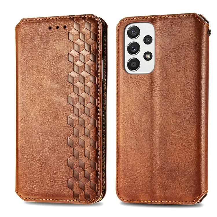 Para Samsung Galaxy A33 5G Auto-Absorbed Rhombus Imprinting Phone Case PU Leather Wallet Stand Design - Marrón