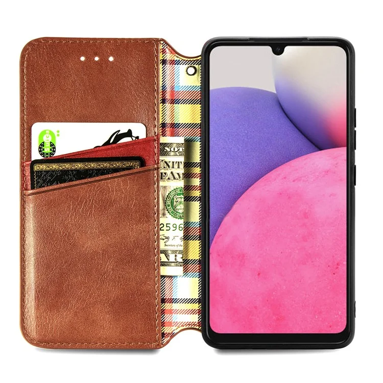 Para Samsung Galaxy A33 5G Auto-Absorbed Rhombus Imprinting Phone Case PU Leather Wallet Stand Design - Marrón