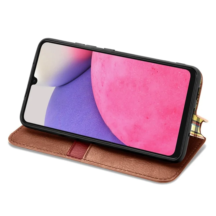 Para Samsung Galaxy A33 5G Auto-Absorbed Rhombus Imprinting Phone Case PU Leather Wallet Stand Design - Marrón