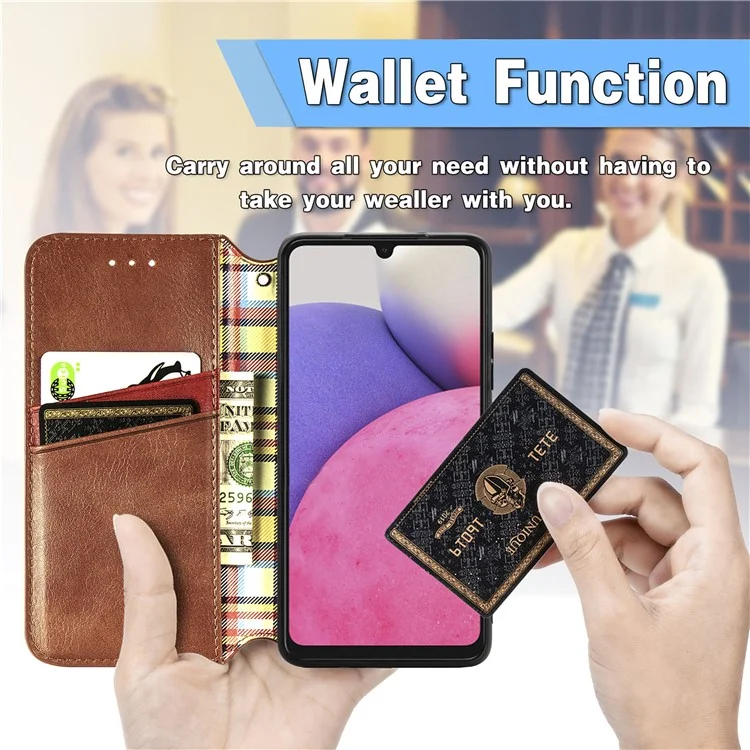 Para Samsung Galaxy A33 5G Auto-Absorbed Rhombus Imprinting Phone Case PU Leather Wallet Stand Design - Marrón