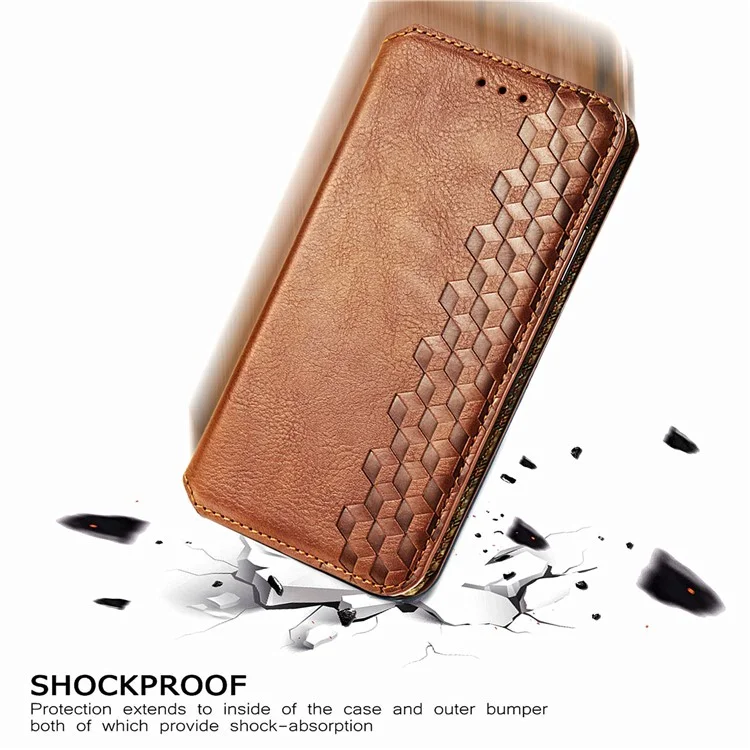 Para Samsung Galaxy A33 5G Auto-Absorbed Rhombus Imprinting Phone Case PU Leather Wallet Stand Design - Marrón