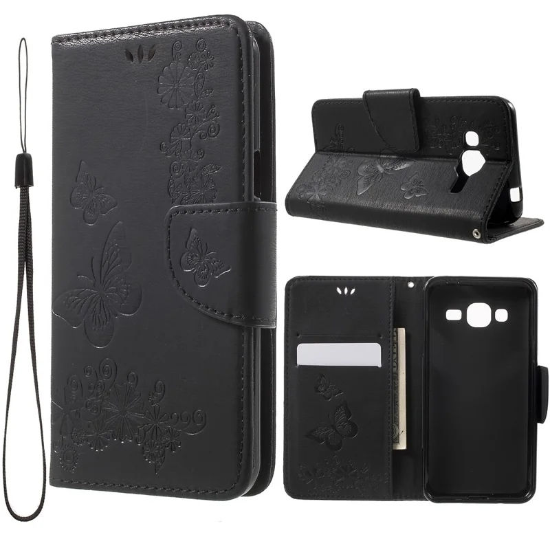 Imprint Butterfly Flowers Leather Wallet Case for Samsung Galaxy J3 (2016) - Black