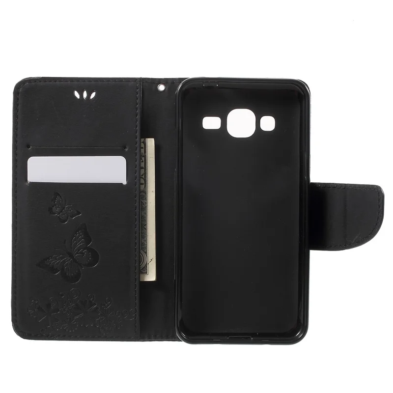 Imprint Butterfly Flowers Leather Wallet Case for Samsung Galaxy J3 (2016) - Black