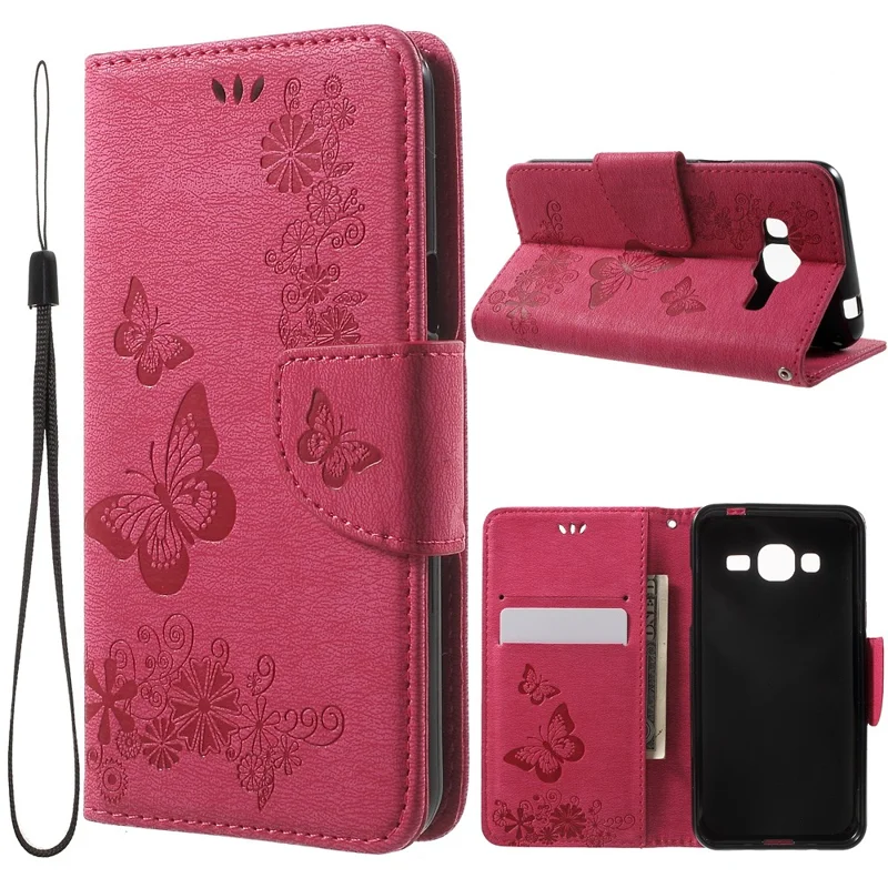 Imprint Butterfly Flowers Leather Card Holder Case for Samsung Galaxy J3 (2016) - Rose