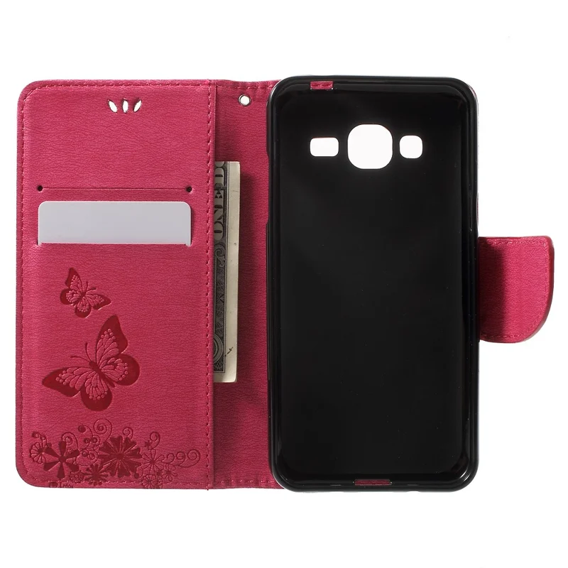 Imprint Butterfly Flowers Leather Card Holder Case for Samsung Galaxy J3 (2016) - Rose