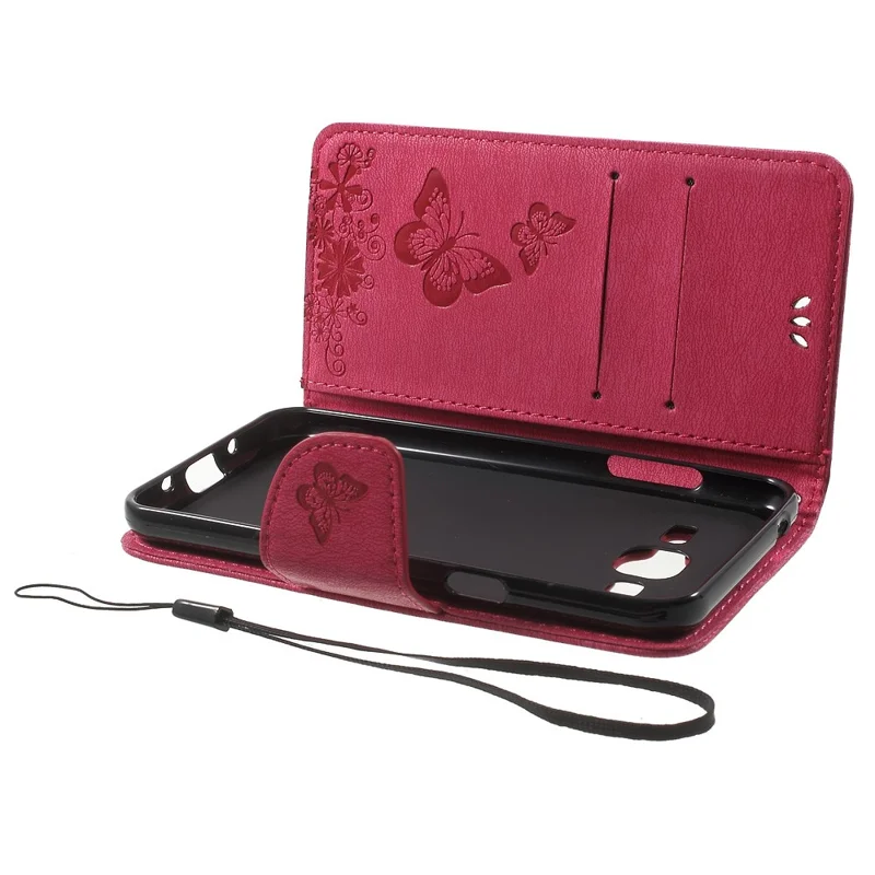 Imprint Butterfly Flowers Leather Card Holder Case for Samsung Galaxy J3 (2016) - Rose
