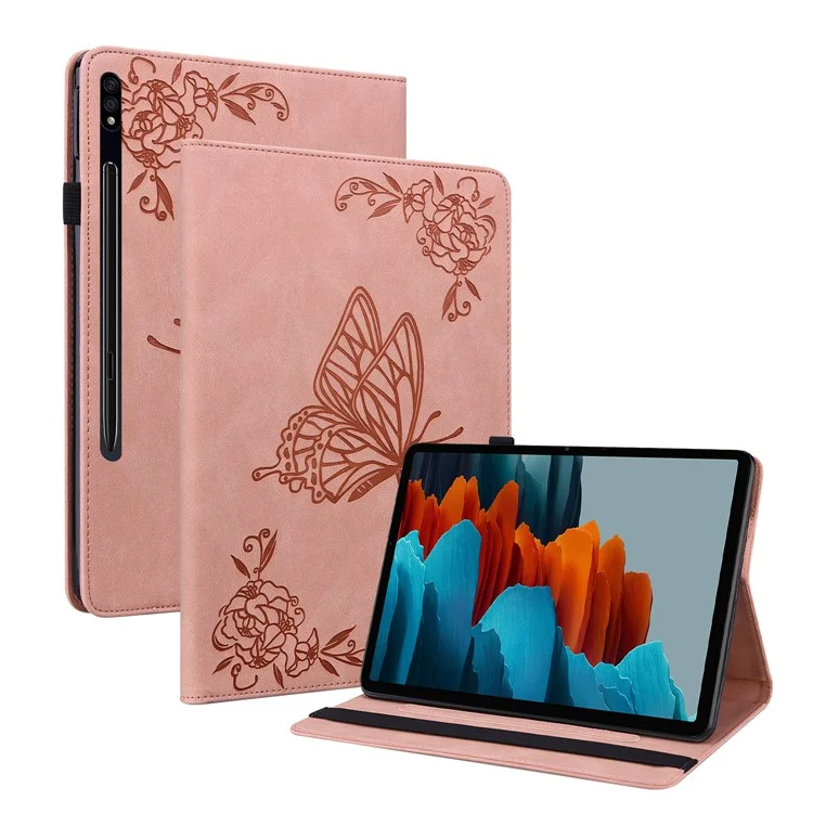 Protective Case for Samsung Galaxy Tab S8 Flip Cover Butterfly Flower Imprinted Card Leather Stand Case with Holder Slot - Pink