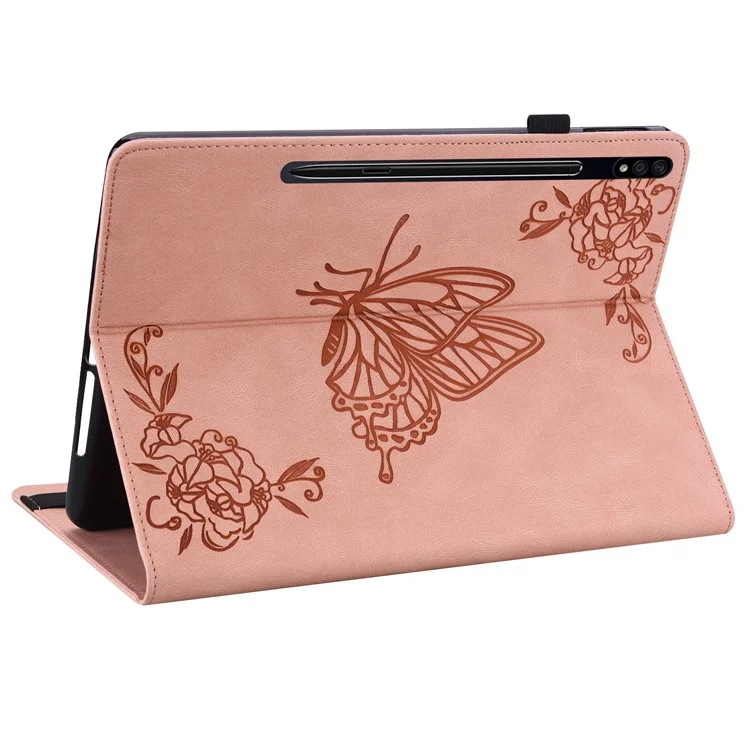 Protective Case for Samsung Galaxy Tab S8 Flip Cover Butterfly Flower Imprinted Card Leather Stand Case with Holder Slot - Pink