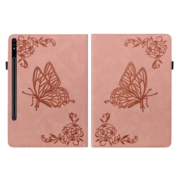 Protective Case for Samsung Galaxy Tab S8 Flip Cover Butterfly Flower Imprinted Card Leather Stand Case with Holder Slot - Pink