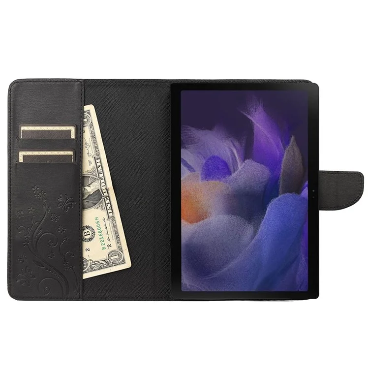 Pour Samsung Galaxy Tab A8 10.5 (2021) / (2022) Papillon Fleur Imprimée Étui en Cuir PU Tablette Support Portefeuille Étui de Protection - Noir