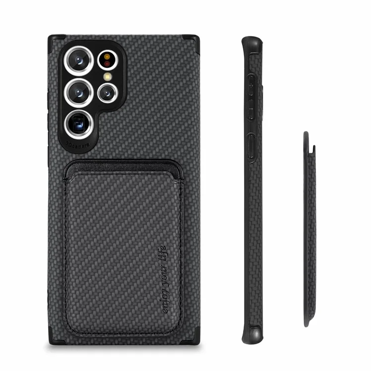 Estuche Protector Para Samsung Galaxy S22 Ultra 5G Protector De Teléfono Resistente Al Teléfono De La Fibra De Carbono De La Fibra De Carbono Cubierta De La Cubierta Con El Titular De La Tarjeta Magnética Desmontable - Negro