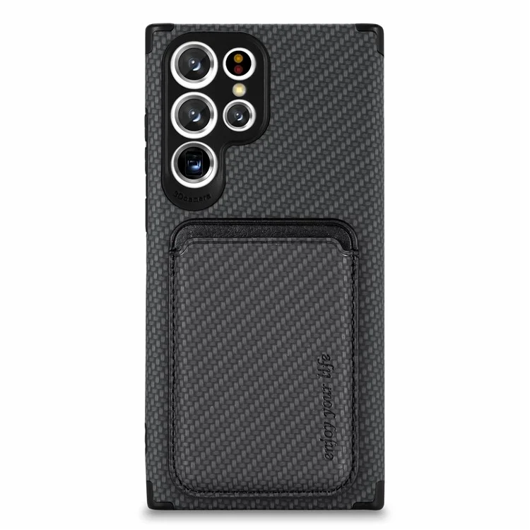 Protective Case for Samsung Galaxy S22 Ultra 5G Scratch Resistant Phone Protector Carbon Fiber Texture Cover Shell with Detachable Magnetic Card Holder - Black