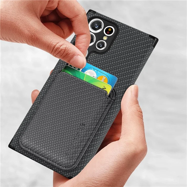 Protective Case for Samsung Galaxy S22 Ultra 5G Scratch Resistant Phone Protector Carbon Fiber Texture Cover Shell with Detachable Magnetic Card Holder - Black