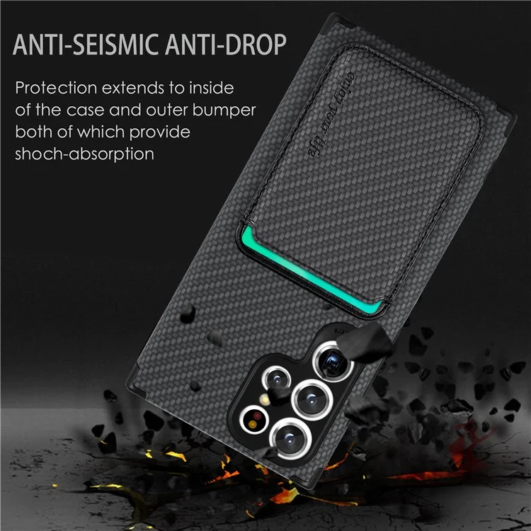 Protective Case for Samsung Galaxy S22 Ultra 5G Scratch Resistant Phone Protector Carbon Fiber Texture Cover Shell with Detachable Magnetic Card Holder - Black