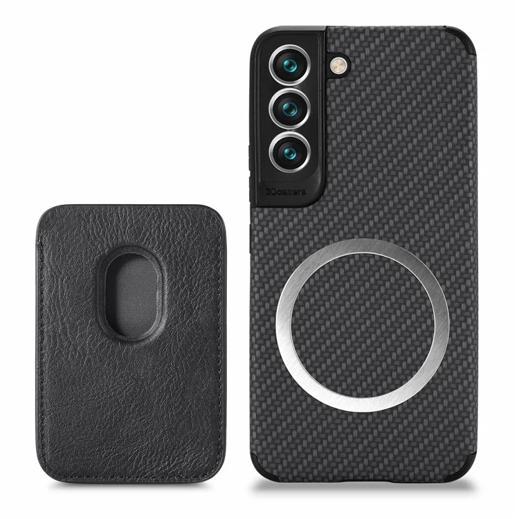 Shockproof Phone Case for Samsung Galaxy S22 5G Carbon Fiber Texture Protective Phone Cover with Detachable Magnetic Card Holder - Black