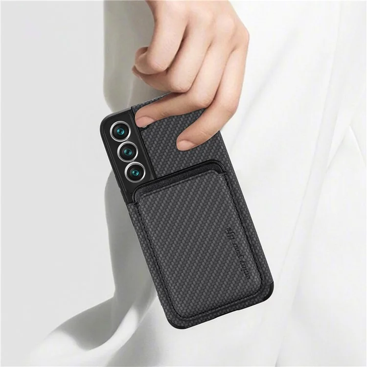Shockproof Phone Case for Samsung Galaxy S22 5G Carbon Fiber Texture Protective Phone Cover with Detachable Magnetic Card Holder - Black
