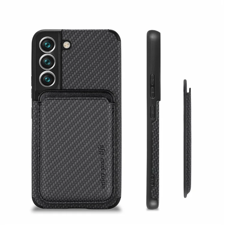 Shockproof Phone Case for Samsung Galaxy S22 5G Carbon Fiber Texture Protective Phone Cover with Detachable Magnetic Card Holder - Black