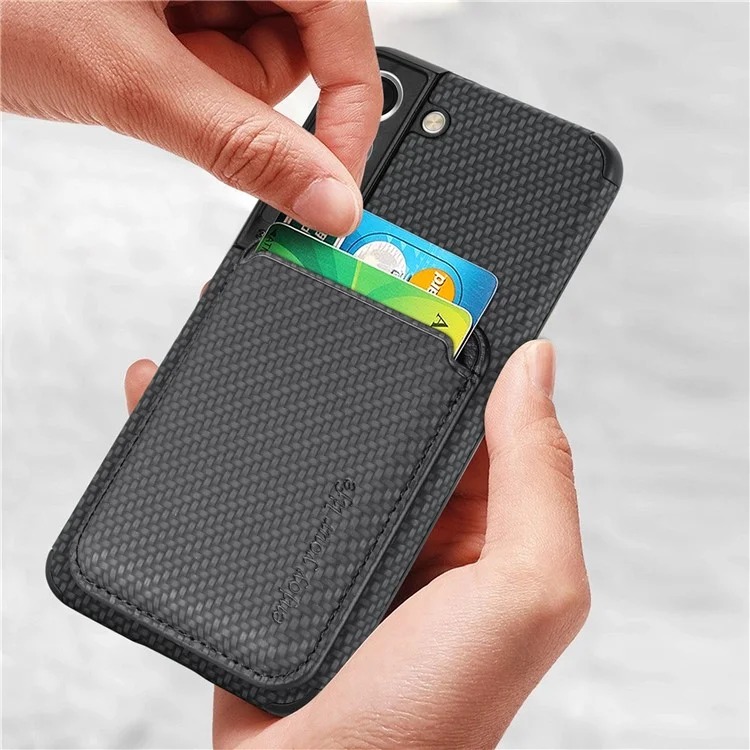 Shockproof Phone Case for Samsung Galaxy S22 5G Carbon Fiber Texture Protective Phone Cover with Detachable Magnetic Card Holder - Black