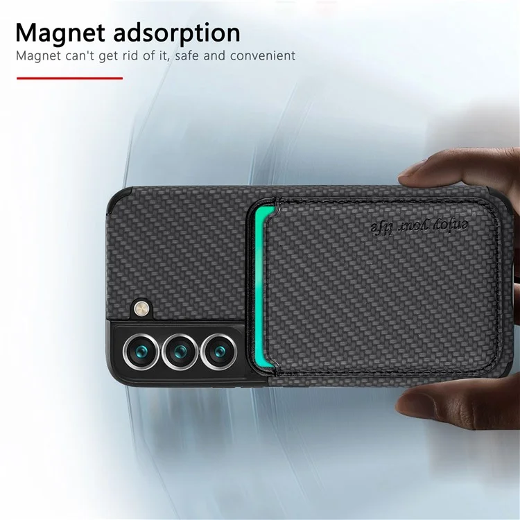 Shockproof Phone Case for Samsung Galaxy S22 5G Carbon Fiber Texture Protective Phone Cover with Detachable Magnetic Card Holder - Black