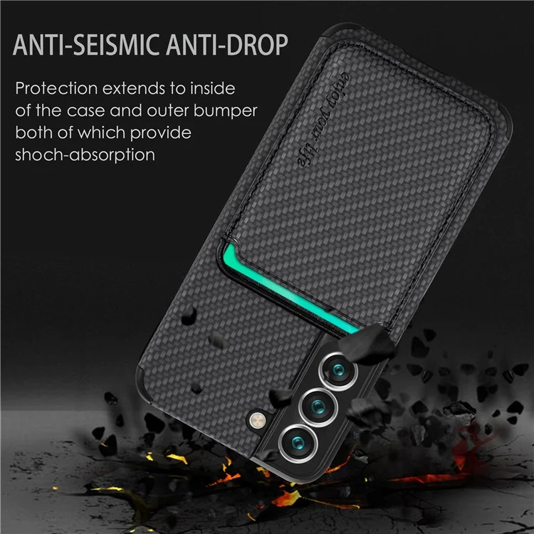 Shockproof Phone Case for Samsung Galaxy S22 5G Carbon Fiber Texture Protective Phone Cover with Detachable Magnetic Card Holder - Black