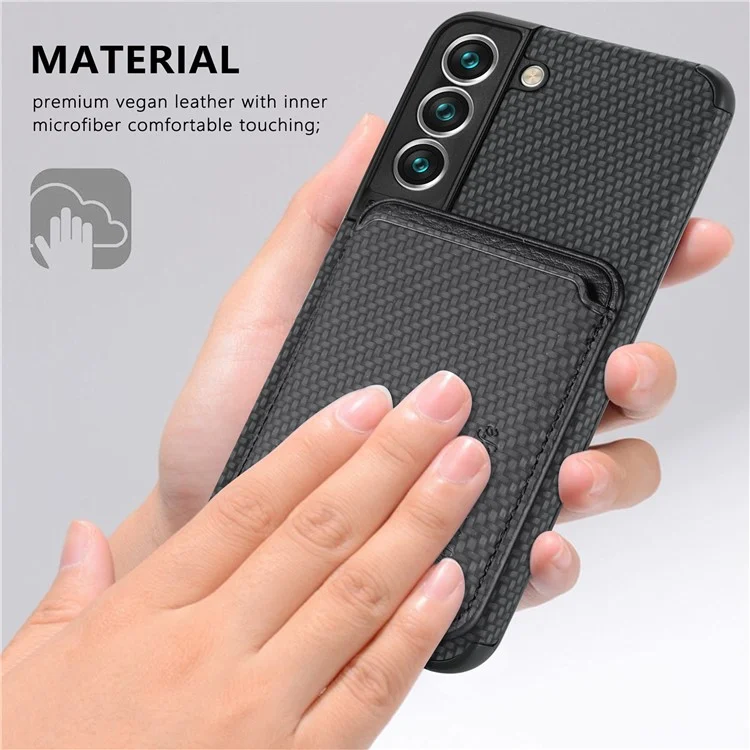 Shockproof Phone Case for Samsung Galaxy S22 5G Carbon Fiber Texture Protective Phone Cover with Detachable Magnetic Card Holder - Black