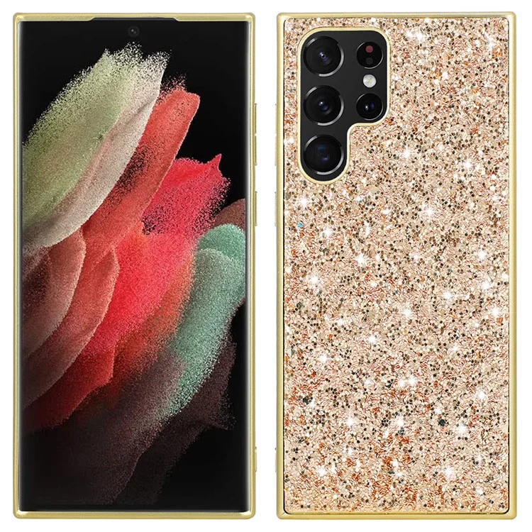 Для Samsung Galaxy S22 Ultra 5G Bling Bling Sparkly Glitter Phone Case Case Case Case Frame + Hard PC Обратно Противоречивая Защитная Телефонная Крышка - Золото