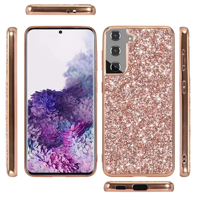 Per Samsung Galaxy S22+ 5G Glitter Sequins Case Electroplating TPU Frame + Hard PC Back Dual Layer Hybrid Cover - Rose Gold