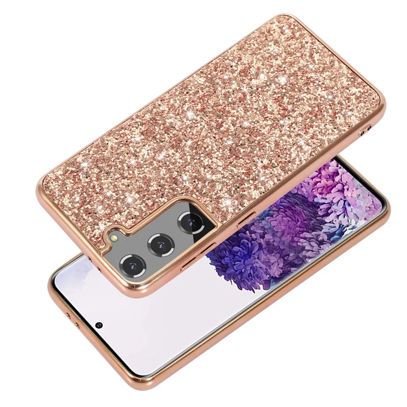 For Samsung Galaxy S22+ 5G Glitter Sequins Case Electroplating TPU Frame + Hard PC Back Dual Layer Hybrid Cover - Blue