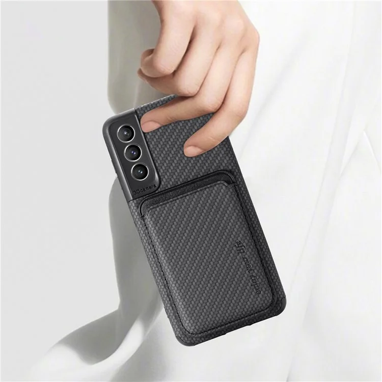 Per Samsung Galaxy S21 FE 5G Custodia per telefono cellulare Borsa Custodia in pelle PU Rivestimento in TPU + PVC Supporto per schede removibile Struttura in fibra di carbonio Custodia protettiva - Nero