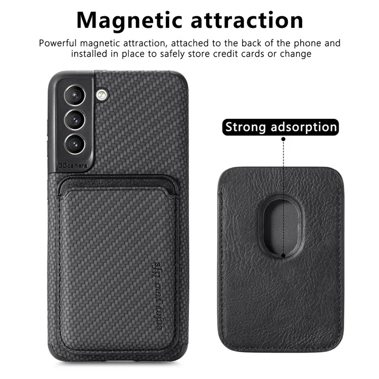 Per Samsung Galaxy S21 FE 5G Custodia per telefono cellulare Borsa Custodia in pelle PU Rivestimento in TPU + PVC Supporto per schede removibile Struttura in fibra di carbonio Custodia protettiva - Nero