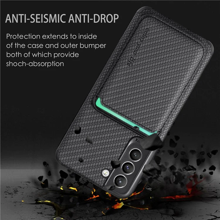 Per Samsung Galaxy S21 FE 5G Custodia per telefono cellulare Borsa Custodia in pelle PU Rivestimento in TPU + PVC Supporto per schede removibile Struttura in fibra di carbonio Custodia protettiva - Nero