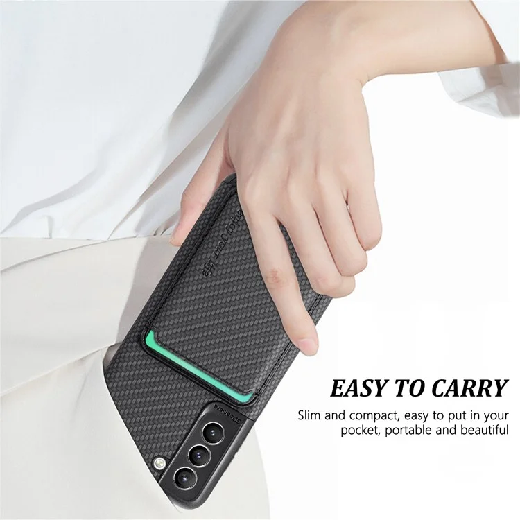Per Samsung Galaxy S21 FE 5G Custodia per telefono cellulare Borsa Custodia in pelle PU Rivestimento in TPU + PVC Supporto per schede removibile Struttura in fibra di carbonio Custodia protettiva - Nero