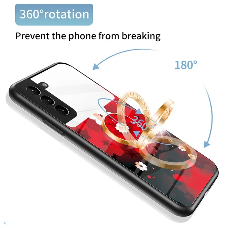 Magic Mirror Series for Samsung Galaxy S22 5G Flower Pattern Mirror Phone Cover TPU Frame Tempered Glass + PC Back Case with Ring Kickstand - Love of Sakura