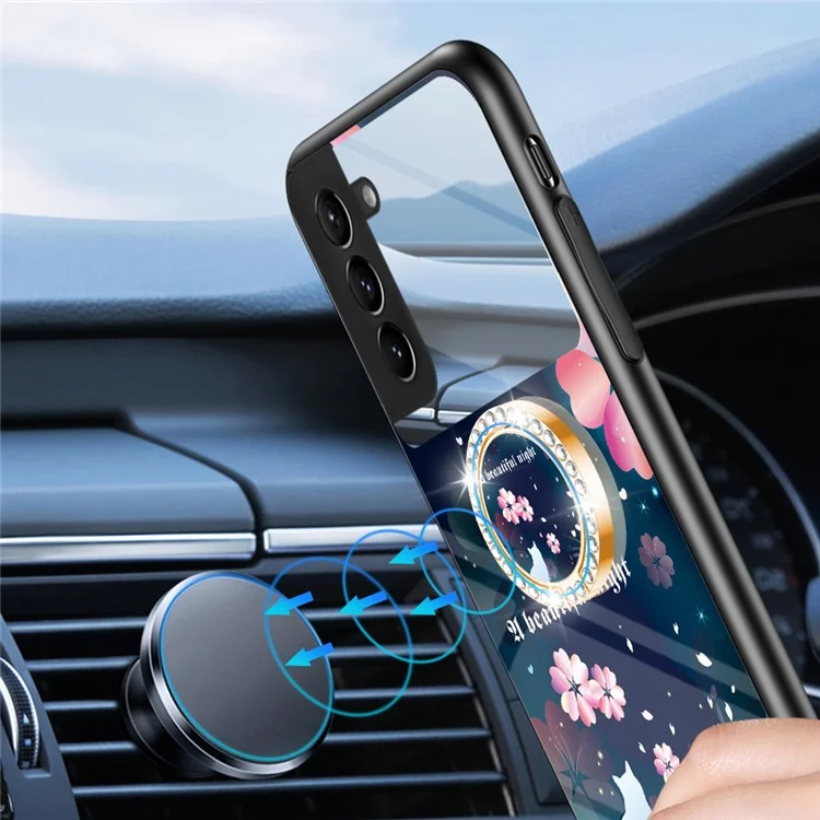Magic Mirror Series for Samsung Galaxy S22 5G Flower Pattern Mirror Phone Cover TPU Frame Tempered Glass + PC Back Case with Ring Kickstand - Love of Sakura