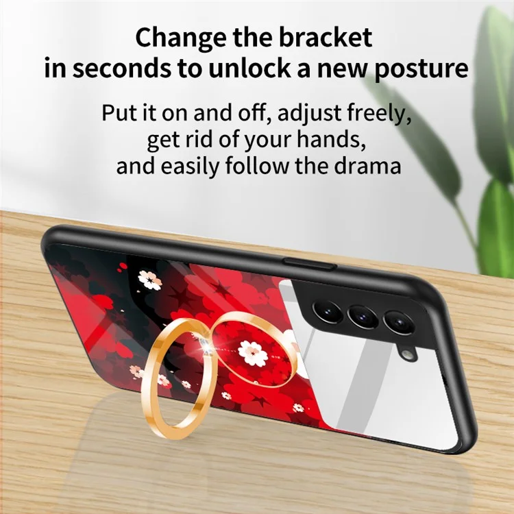Magic Mirror Series Mirror Phone Case for Samsung Galaxy S22+ 5G, Rotary Ring Kickstand Flower Pattern Hybrid Tempered Glass + PC + TPU Shell - Love of Sakura