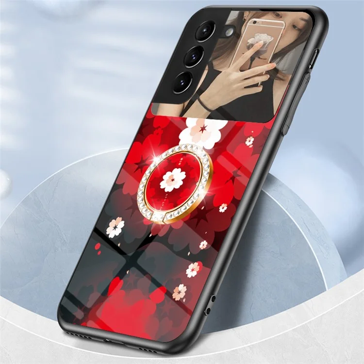 Magic Mirror Series Mirror Phone Case for Samsung Galaxy S22+ 5G, Rotary Ring Kickstand Flower Pattern Hybrid Tempered Glass + PC + TPU Shell - Love of Sakura