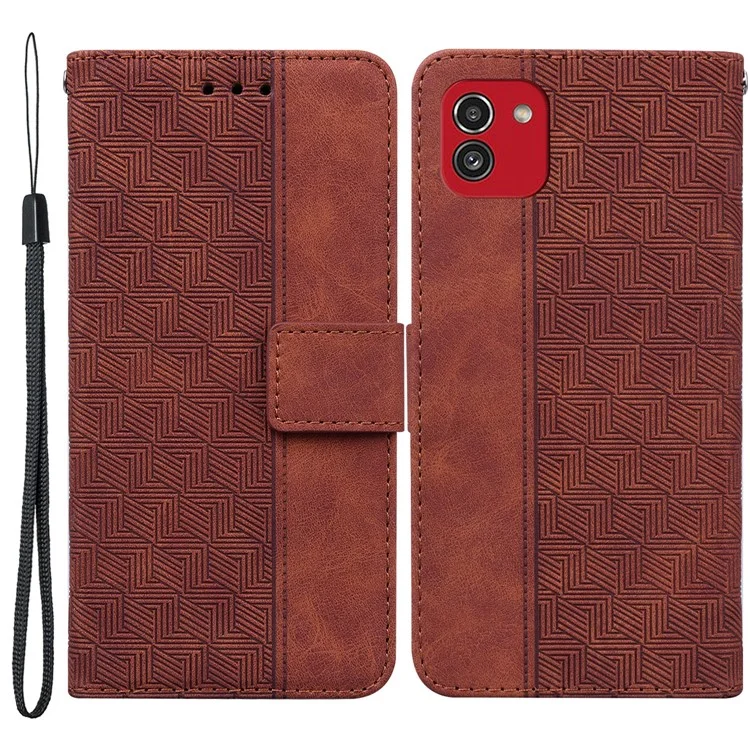 Para Samsung Galaxy A03 (164,2 X 75,9 X 9.1mm) Carteira Stand Geometry Imprinted PU Couro Protetor De Corpo Inteiro Folio Flip Telefone Capa - Castanho