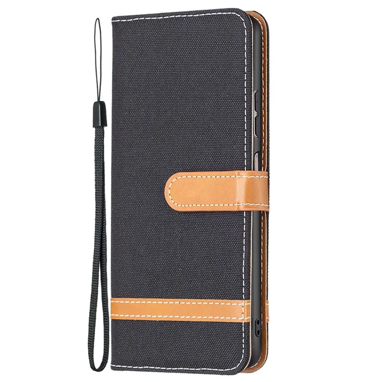 Para Samsung Galaxy A23 4G / 5G (Versão Global) Jeans Cloth Texture Color Splicing Magnetic Clasp Leather Cover Wallet Stand Flip Phone Case - Preto