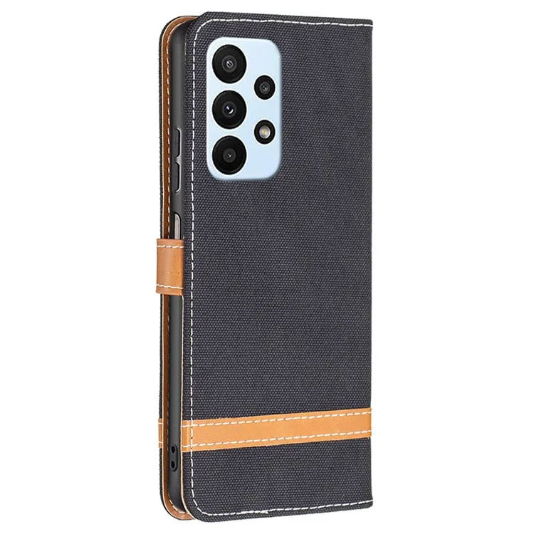 Para Samsung Galaxy A23 4G / 5G (Versão Global) Jeans Cloth Texture Color Splicing Magnetic Clasp Leather Cover Wallet Stand Flip Phone Case - Preto