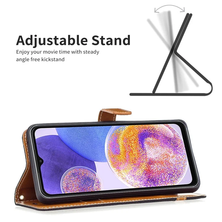 Para Samsung Galaxy A23 4G / 5G (Versão Global) Jeans Cloth Texture Color Splicing Magnetic Clasp Leather Cover Wallet Stand Flip Phone Case - Preto