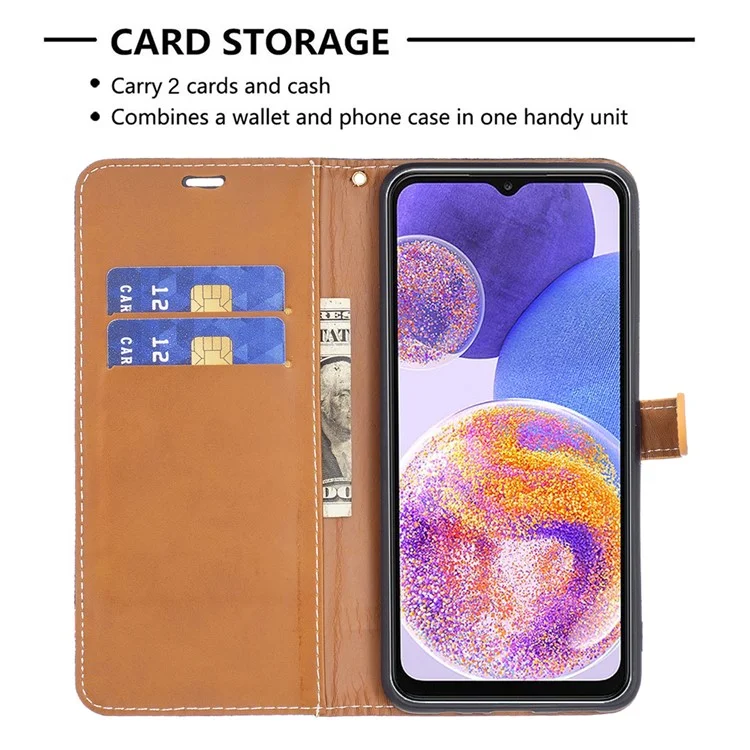 Para Samsung Galaxy A23 4G / 5G (Versão Global) Jeans Cloth Texture Color Splicing Magnetic Clasp Leather Cover Wallet Stand Flip Phone Case - Preto