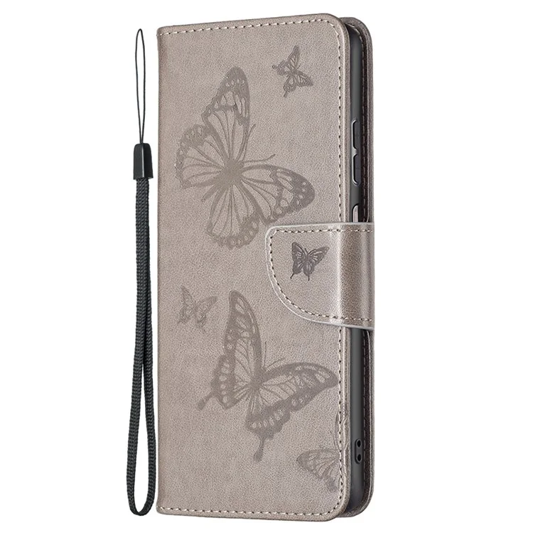 Pour Samsung Galaxy A23 4G / 5G (Version mondiale) Étui de téléphone avec motif papillon en relief Anti-chute Portefeuille en cuir PU avec support et dragonne - Gris