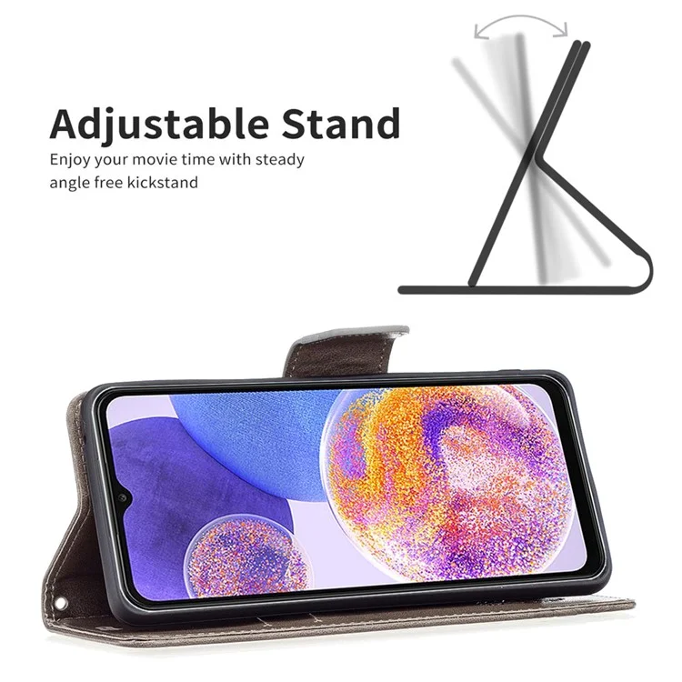 Pour Samsung Galaxy A23 4G / 5G (Version mondiale) Étui de téléphone avec motif papillon en relief Anti-chute Portefeuille en cuir PU avec support et dragonne - Gris