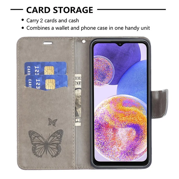 Pour Samsung Galaxy A23 4G / 5G (Version mondiale) Étui de téléphone avec motif papillon en relief Anti-chute Portefeuille en cuir PU avec support et dragonne - Gris