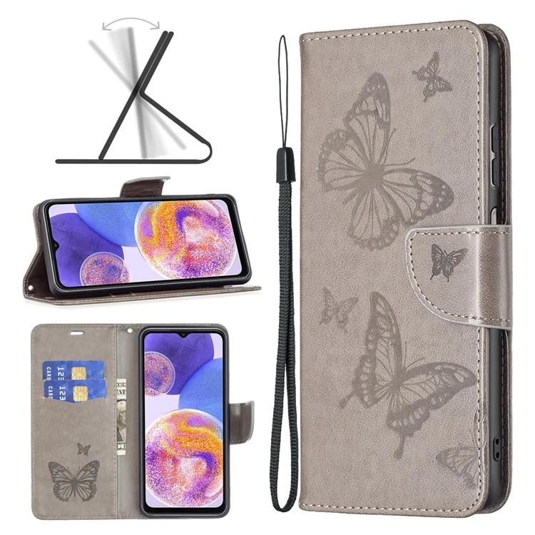 Pour Samsung Galaxy A23 4G / 5G (Version mondiale) Étui de téléphone avec motif papillon en relief Anti-chute Portefeuille en cuir PU avec support et dragonne - Gris