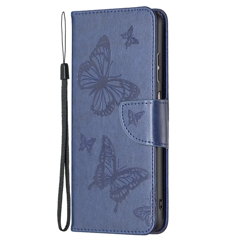 For Samsung Galaxy A23 4G / 5G (Global Version) Butterfly Imprinted Phone Case Anti-Drop PU Leather Wallet Stand Cover with Hand Strap - Dark Blue