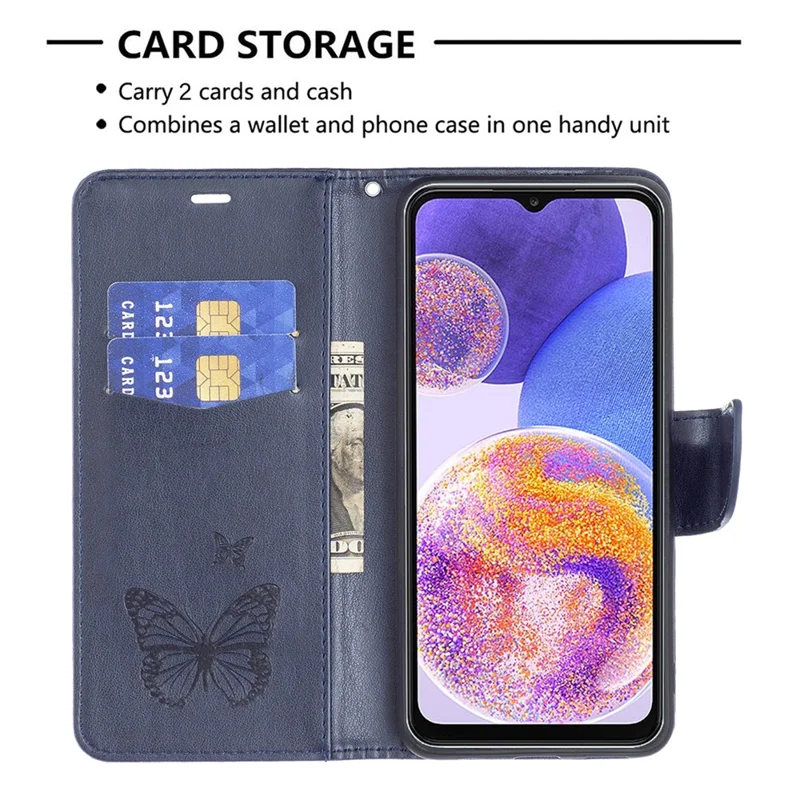 For Samsung Galaxy A23 4G / 5G (Global Version) Butterfly Imprinted Phone Case Anti-Drop PU Leather Wallet Stand Cover with Hand Strap - Dark Blue