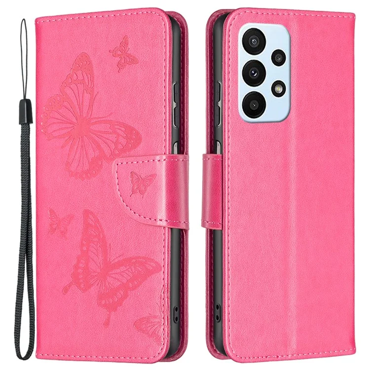 Para o Samsung Galaxy A23 4G (165,4 x 76,9 x 8,4mm), Capa de Telefonia Impressa na Borboleta Anti-drop PU Stand Stand Com Alça de Mão - Rosa