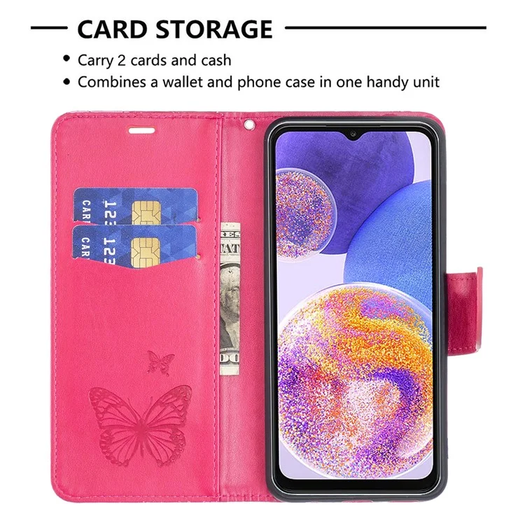 Para o Samsung Galaxy A23 4G (165,4 x 76,9 x 8,4mm), Capa de Telefonia Impressa na Borboleta Anti-drop PU Stand Stand Com Alça de Mão - Rosa
